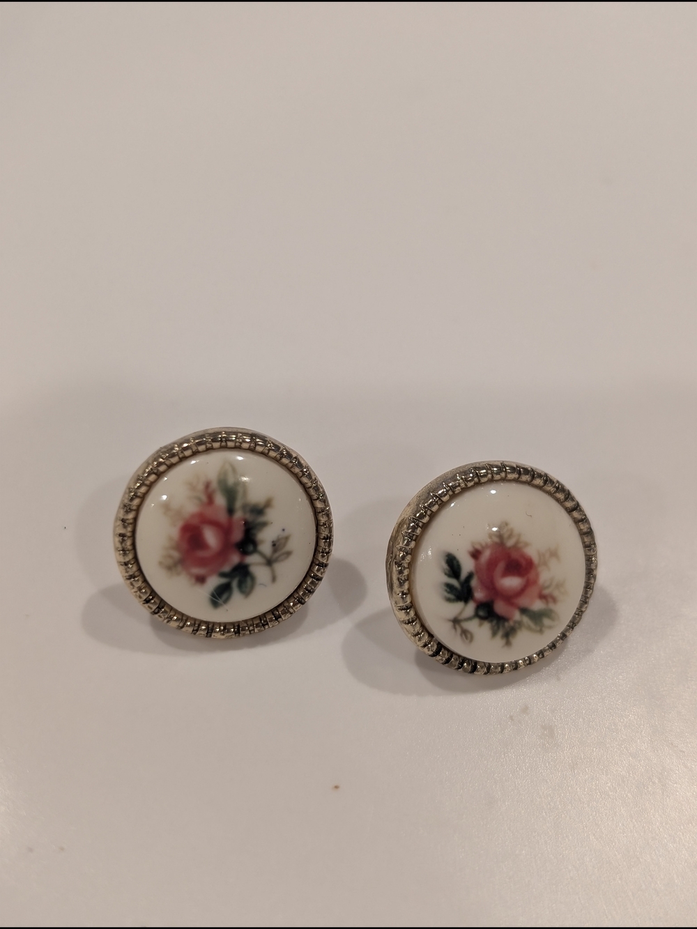 Porcelain Pink Rose Floral Stud Earrings with Gold-Tone Trim